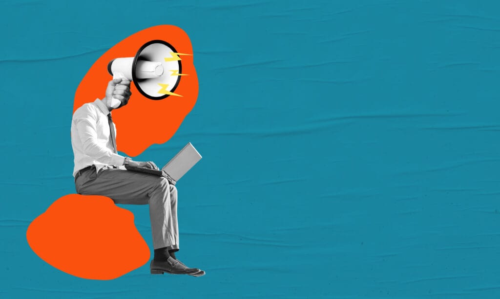 warning modern art collage composition with business man with megaphone instead